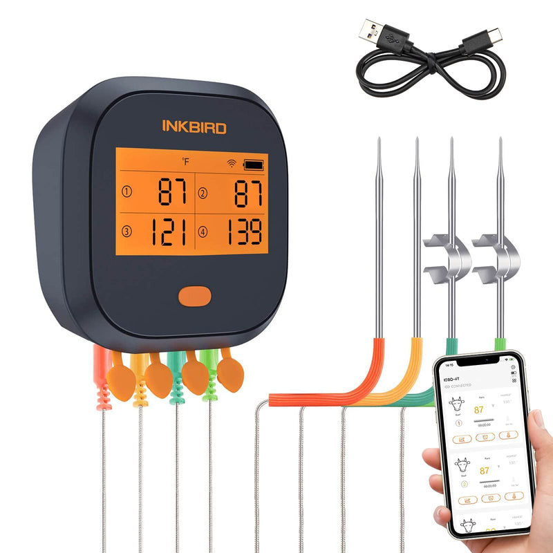 INKBIRD WiFi Meat Thermometer IBBQ-4T, Wireless WiFi BBQ Thermometer for Smoker, Oven | APP Calibration Temp Graph | Mobile Notification Timer Alarm | Rechargeable Digital Grill Thermometer, 4 Probes