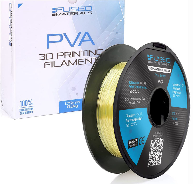 Fused Materials PVA Filament 1.75mm – Water-Soluble Support Material for 3D Printing – Compatible with Bambu Lab, Polymaker, Overture, and More – Works with PLA, PETG, Nylon, ABS – Clear & Transparent Clear, 1.75mm, 0.5kg