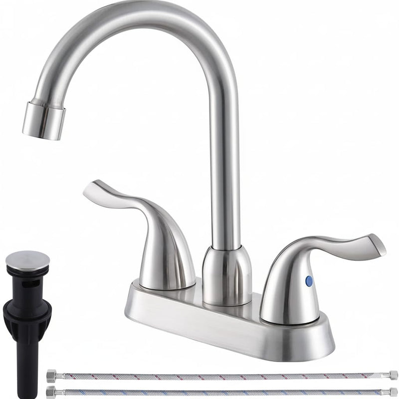 Brushed Nickel Bathroom Sink Faucet, 2 Handle 4 Inch Centerset Bathroom Faucet, 3 Hole Small Bathroom Sink Faucet with Supply Lines and Pop-up Drain, RV faucets for Camper Lavatory Vanity Brushed Nickel Two Handle