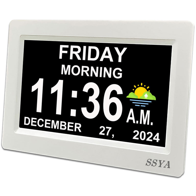 SSYA Digital Calendar Alarm Clock - Dementia Clocks for Seniors, Non-Abbreviated Memory Loss Clock with Date and Time for Elderly (White) 7" White
