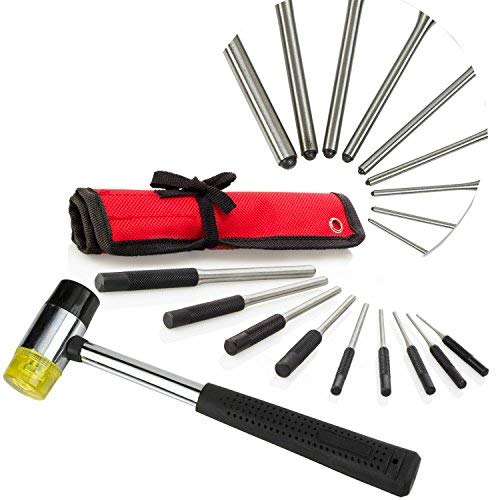 Roll Pin Punch Set with Soft Mallet - 1/16" - 5/16" Professional 10pcs Removing Repair Gunsmithing Tools with Storage Pouch for Precision Watch Repair, Jewelry and Craft