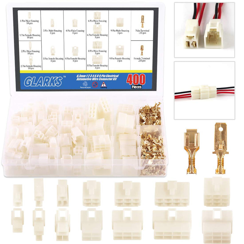 Glarks 400Pcs 6.3mm 1 2 3 4 6 8 9 Pin Electrical Automotive Wire Connector Male Female Socket Plug and Pin Header Crimp Wire Terminals Kit for Motorcycle, Bike, Car, Boats 400Pcs 1 2 3 4 6 8 9 Pin