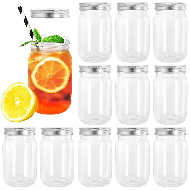Tebery 12 Pack Clear Plastic Mason Jars with One Piece Lids, 16OZ Mason Cocktail Cup Shatterproof Drinking Jar, Refillable Empty Slime Storage Containers for Overnight Oats, Honey, Spices and Herbs 16Oz-12