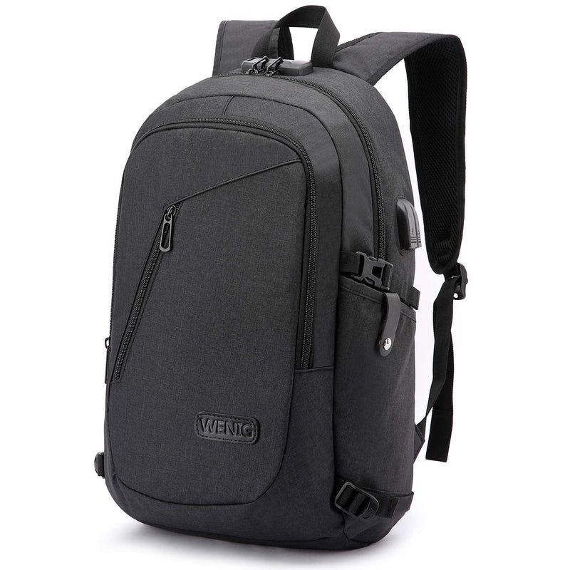 WENIG Anti-Theft Travel Laptop Backpack with USB Charging Port Lock,Water Resistant Slim Work Computer Bag for Men College Bookbags Fits 15.6 Inch Laptop Black