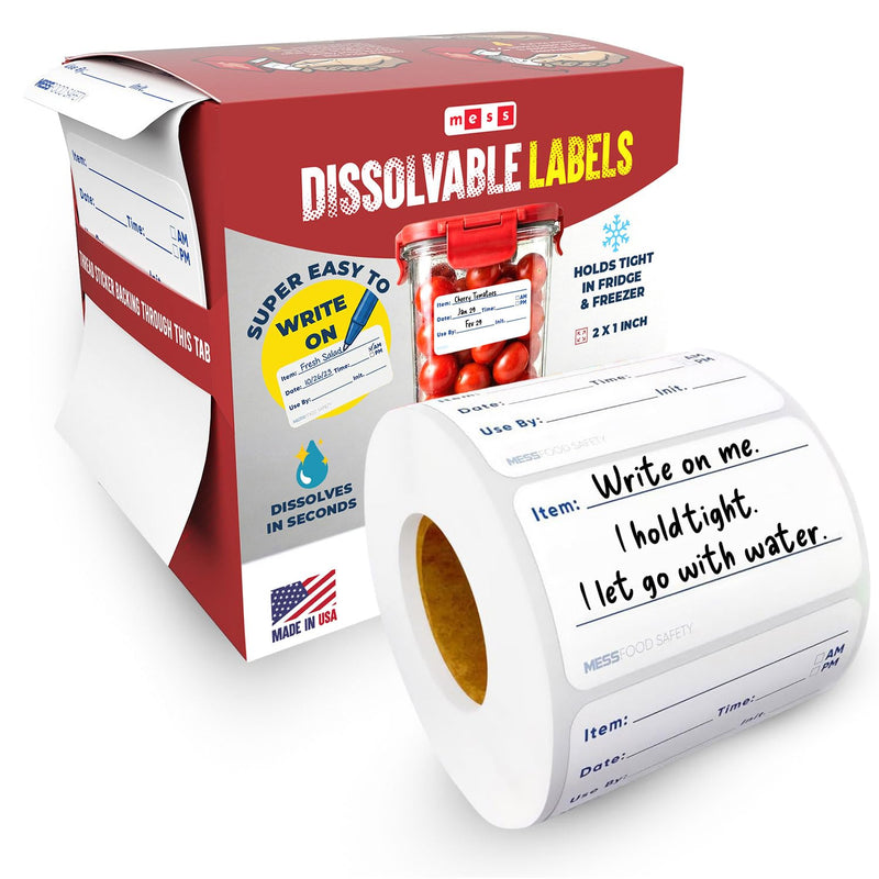 MESS Dissolvable Food Labels, 1x2, 200/Roll - Dissolves in 30 Seconds or Less - Removable Pantry, Meal Prep & Food Storage Labels – Canning & Freezer Use 1x2"