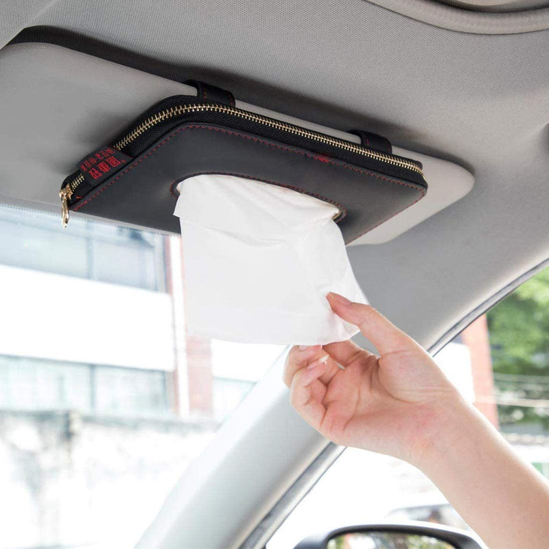 Car Tissue Holder, Sun Visor Tissue Holder, Car Visor Napkin Holder, PU Leather Backseat Tissue Case Holder for Car Vehicle with Zipper (Black) Black