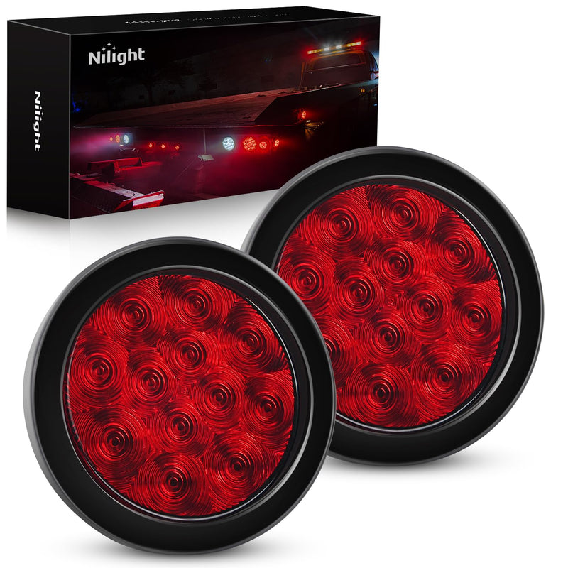 Nilight - TL-18 2PCS 4" Round Red LED Trailer Tail Lights w/Surface Mount Grommet Plugs IP67 Stop Brake Turn Tail Lights for Truck Trailer RV Jeep Red 2pcs
