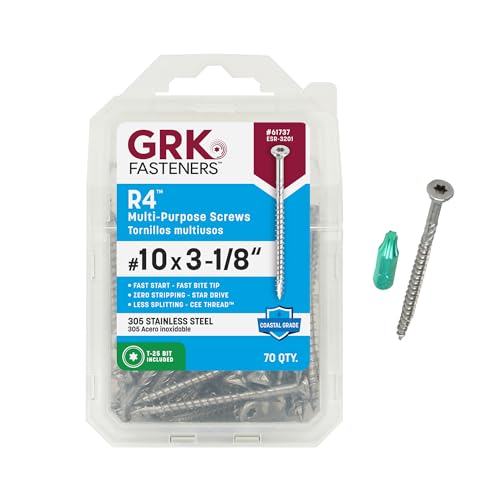GRK Fasteners R4™ 305 Stainless Steel #10 x 3-1/8 Inch Outdoor Screws, 70 PCS, Extreme Corrosion Resistant, Coastal Structures, Fast Bite Tip, Star Drive Recess, T-25 Bit Included, Steel #10 x 3-1/8" 70.0