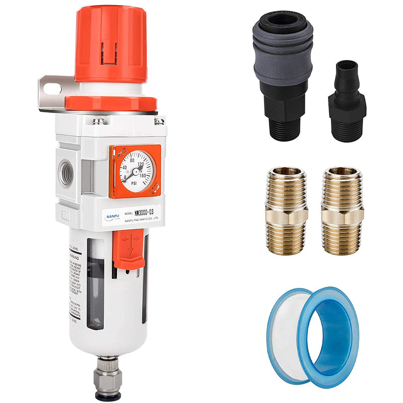 NANPU 3/8" NPT Embedded Gauge Compressed Air Filter Regulator Piggyback Combo, Semi-Auto Drain, 5 Micron Brass Element, Poly Bowl, Metal Bracket Manual Drain