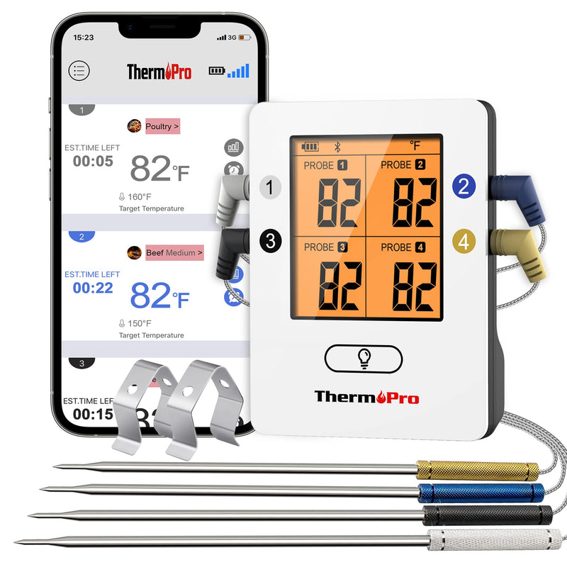 ThermoPro TP25 650FT Wireless Meat Thermometer with 4 Probes, Bluetooth Meat Thermometer for Cooking, BBQ Oven Food Smoker Thermometer Rechargeable White