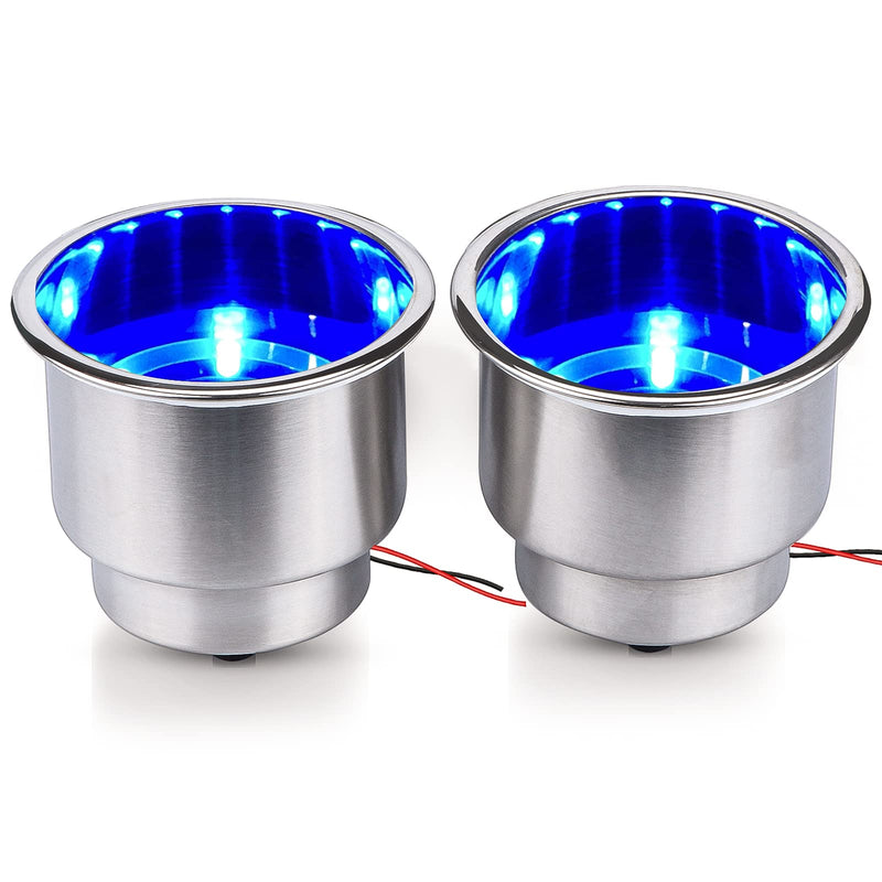 2 Pcs Blue LED Stainless Steel Cup Drink Holder with Drain & LED Marine Boat Rv Camper Seating