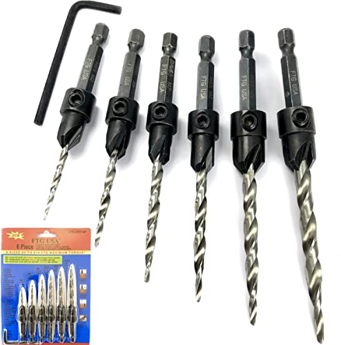 FTG USA 6 Pc Wood Countersink Drill Bit Set #4#6#8#10#12#14 with Hex Key w/o Depth Stop