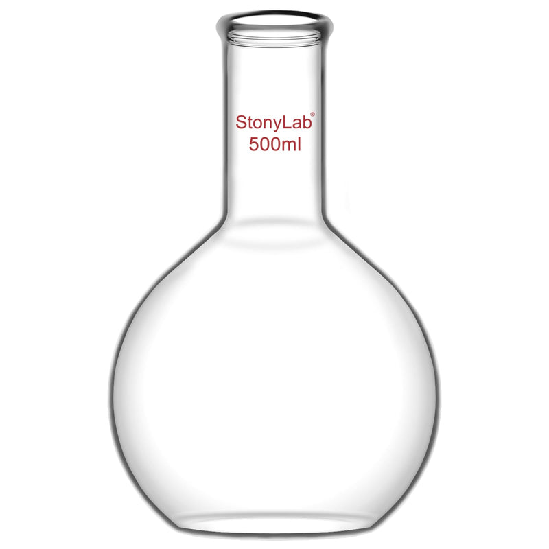 StonyLab Glass 500ml Long Neck Flat Bottom Flask, Borosilicate Glass Heavy Wall Flat Bottom Boiling Flask with Long Neck, 500ml 500 ml