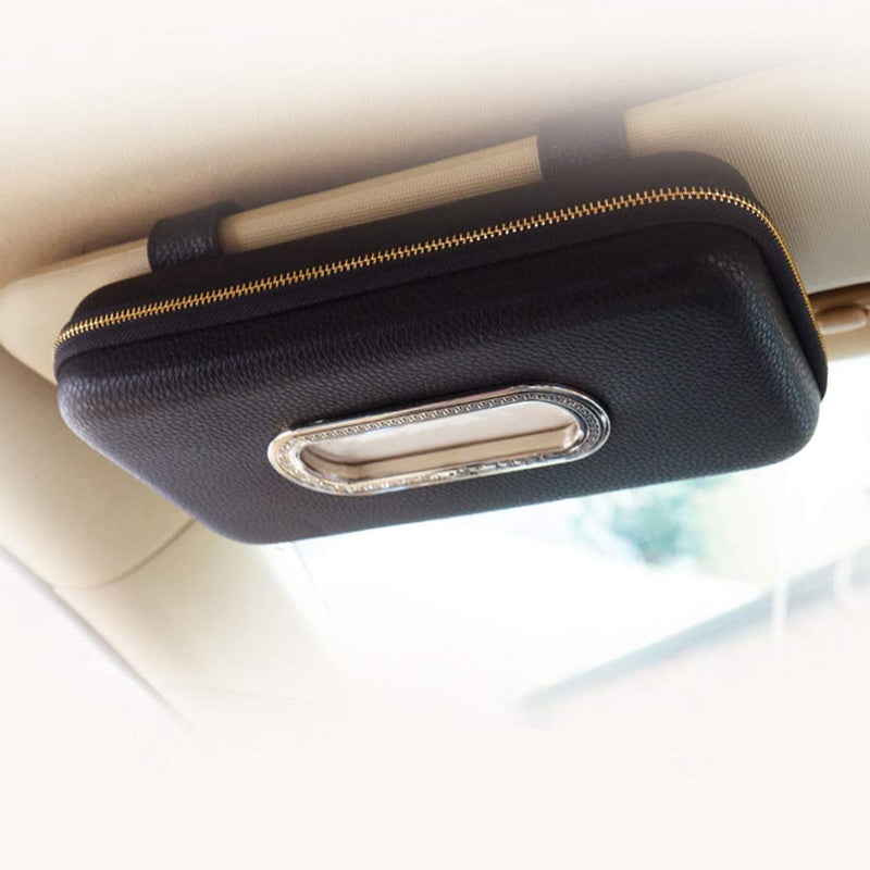 Car Tissue Holder, Sun Visor Napkin Holder, Car Visor Tissue Holder, Luxury PU Leather Backseat Tissue Case Holder (Black) Black