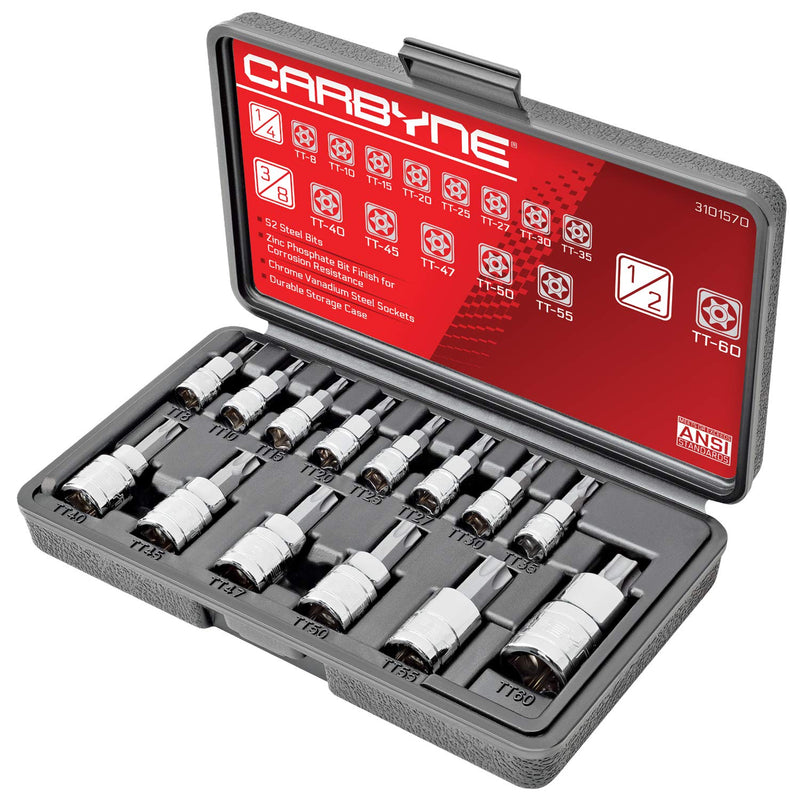 CARBYNE 14-Piece Tamper Proof Torx Bit Socket Set, Security Torx TT8 to TT60, S2 Steel Bits, CrV Sockets, 1/4 in. 3/8 in. 1/2 in. Drive, Durable Case, Genuine Licensed Torx