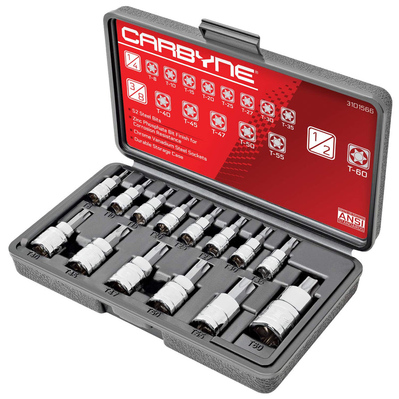 CARBYNE 14-Piece Torx Bit Socket Set, T8 to T60 Sizes, S2 Steel Bits, Cr-V Sockets, Durable Case | 1/4, 3/8, & 1/2 in. Drive • From a Family-Run Tool Company Based in the U.S.A.