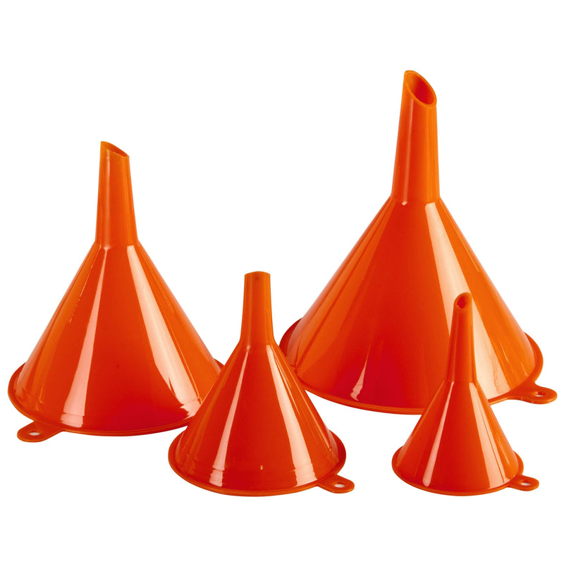Plastic Funnel for Automotive Use - Kitchen Funnels for Filling Bottles, Jars, Containers or Lab Use - Oil Funnel for Gas, Car Oil, Lubricants and Fluids (Orange-4 Pack) Orange-4 Pack