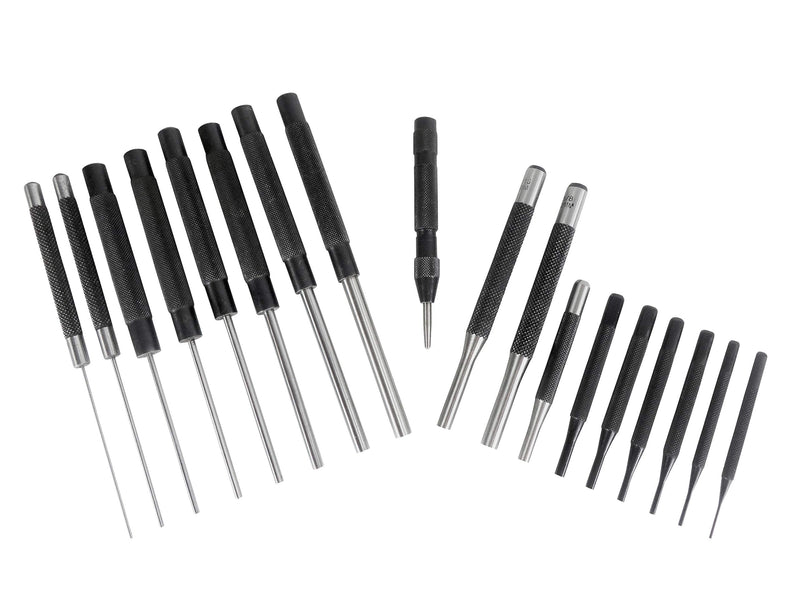 Taytools 466125 18 Piece Roll Pin Punch Set with 8 Inch Long and 4 Inch Short Pins, Includes Sizes 1/16 Through 3/8 Inch, Automatic Center Punch in Canvas Storage Pouch