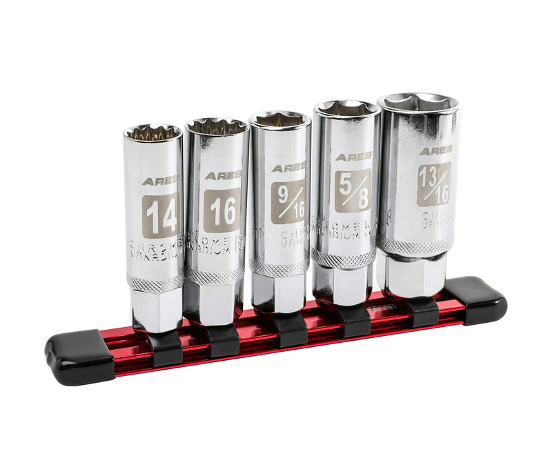ARES 11016-5-Piece Magnetic Spark Plug Socket Set - Includes 14mm and 16mm Thin Wall Sockets and 9/16-inch, 5/8-inch, and 13/16-inch Sockets - Convenient Reusable Storage Rail Included 5-Piece Magnetic