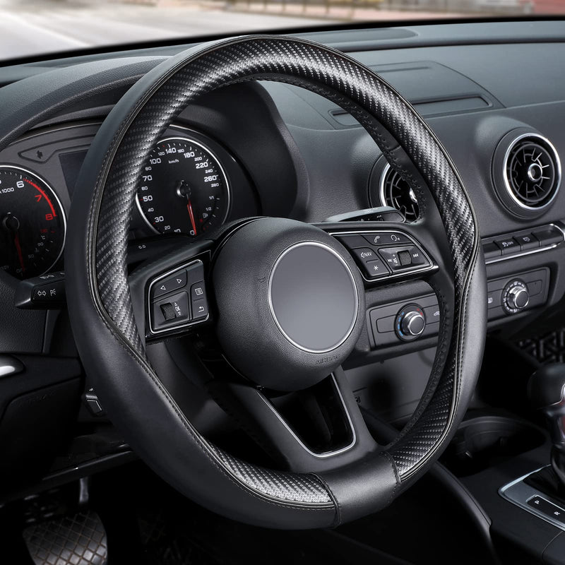 SEG Direct Car Steering Wheel Cover Universal Standard-Size 14 1/2"-15" Leather with Carbon Fiber Pattern Black Standard size[14 1/2''-15''] 2. Carbon Fiber-Black