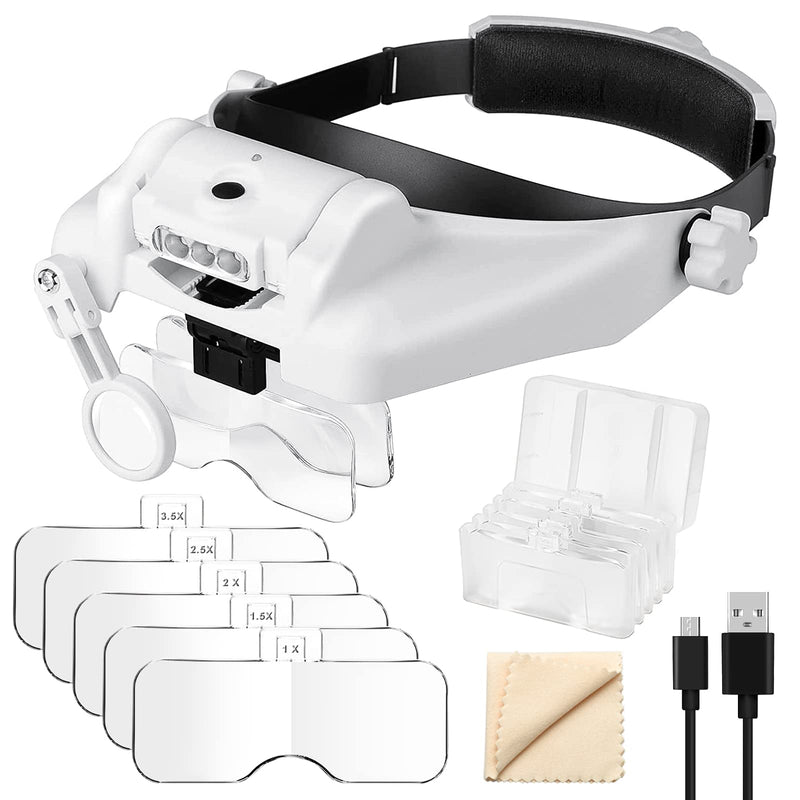 SUNJOYCO Headband Magnifier, 1X-14X Headset Magnifying Glasses with Light, Lighted Magnifying Visor, Head Mount Magnifier with 5 Detachable Lenses for Close Work, Sewing, Crafts, Jewelry, Watch Repair