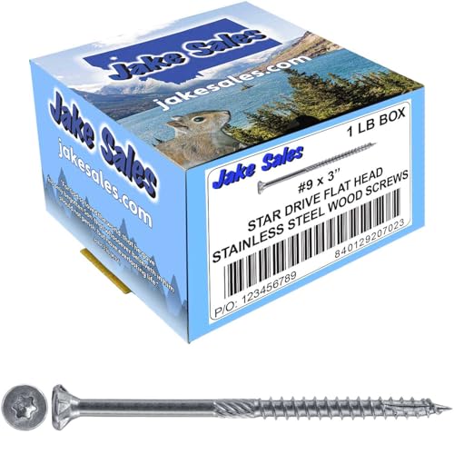 Jake Sales #9 x 3 Silver Star Stainless Steel Wood Screw Torx/Star Drive Head - Grade 300 Series Stainless Steel Torx/Star Drive Wood Screws - (1 Pound - 84 Approx. Screws) 9x3" 1 LB