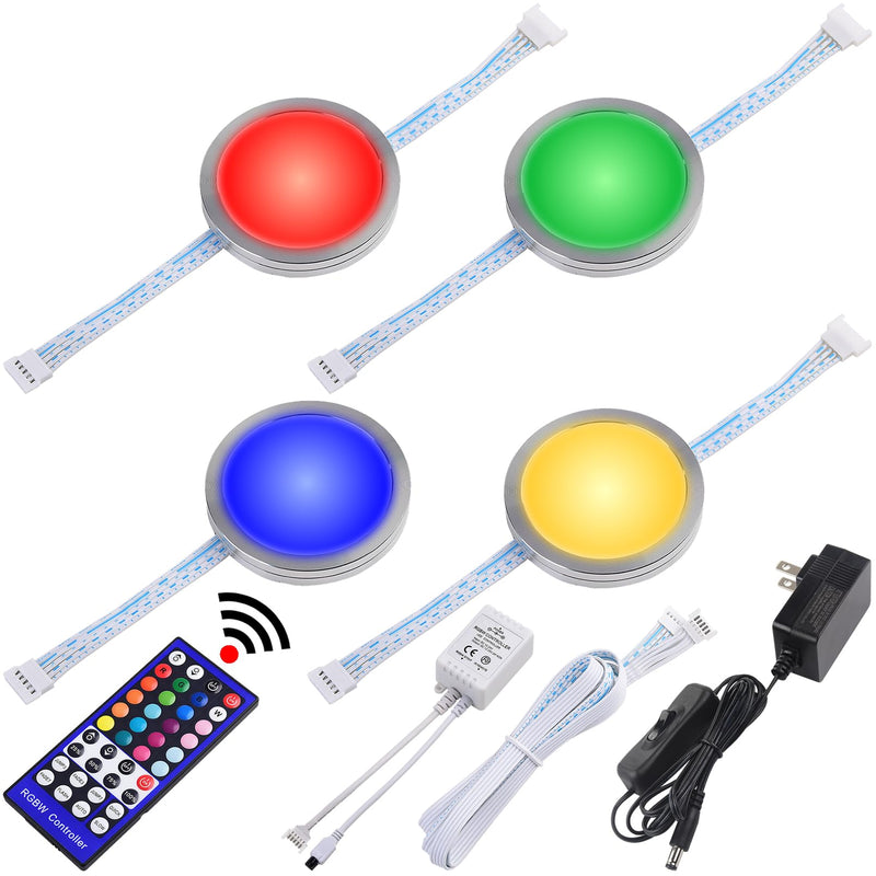 RGBWW Under & Above Shelf Light, Round LED Puck for Accent & Ambient Lighting, Color Changing & True Warm White, Remote Dimmable, Daisy Chain Linkable, 110 Volt Wall Plugged in, 4 Lights 4 Lights Kit