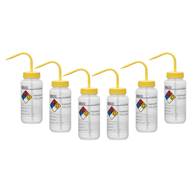 EISCO 6PK Wash Bottle for Isopropanol, 500ml - Labeled with Color Coded Chemical & Safety Information (4 Colors) - Wide Mouth, Self Venting, Low Density Polyethylene Labs 6