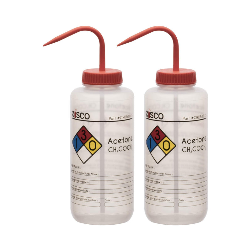 EISCO 2PK Wash Bottle for Acetone, 1000ml - Labeled with Color Coded Chemical & Safety Information (4 Colors) - Wide Mouth, Self Venting, Low Density Polyethylene Labs 2