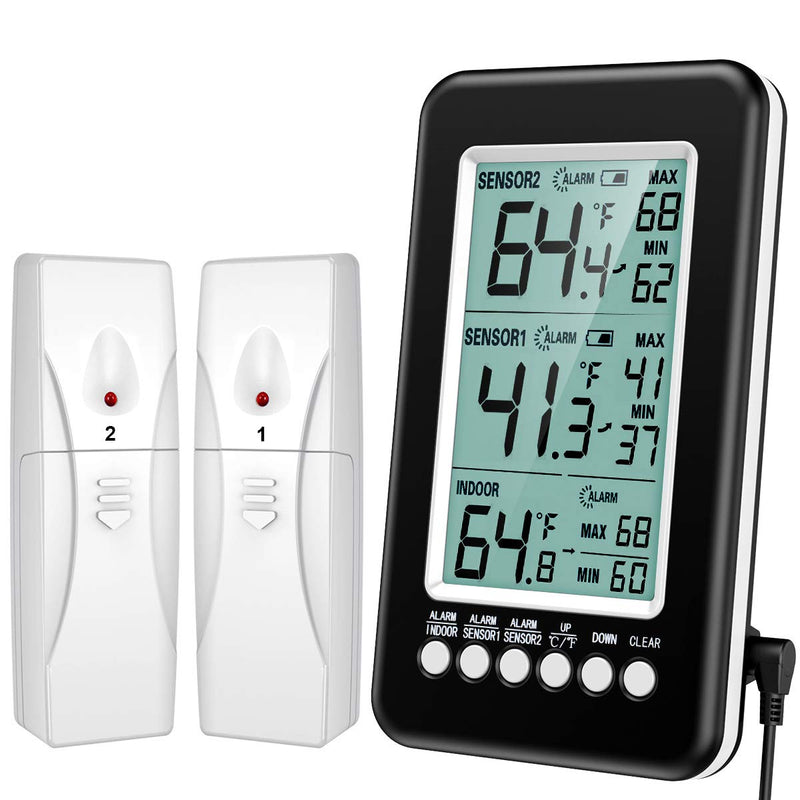 (Upgraded Version) AMIR Refrigerator Thermometer, Wireless Digital Freezer Thermometer with 2 Sensors, Indoor Outdoor Thermometer with Audible Alarm Temperature Gauge for Freezer Kitchen Home