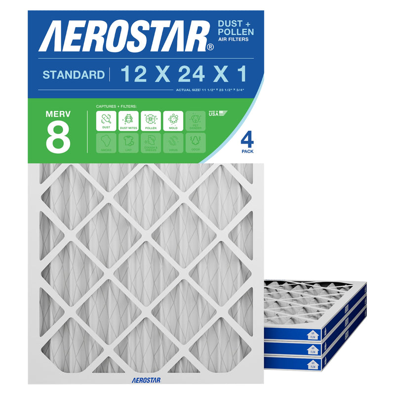 Aerostar 12x24x1 MERV 8 Air Filter, 4 Count, ACTUAL SIZE (11.75 x 23.75 x 0.75), HVAC, Air Conditioning & Furnace Filter Captures Dust, Lint & Pollen (MPR 600 / FPR 5), Made in USA 4 PACK Standard MERV 8