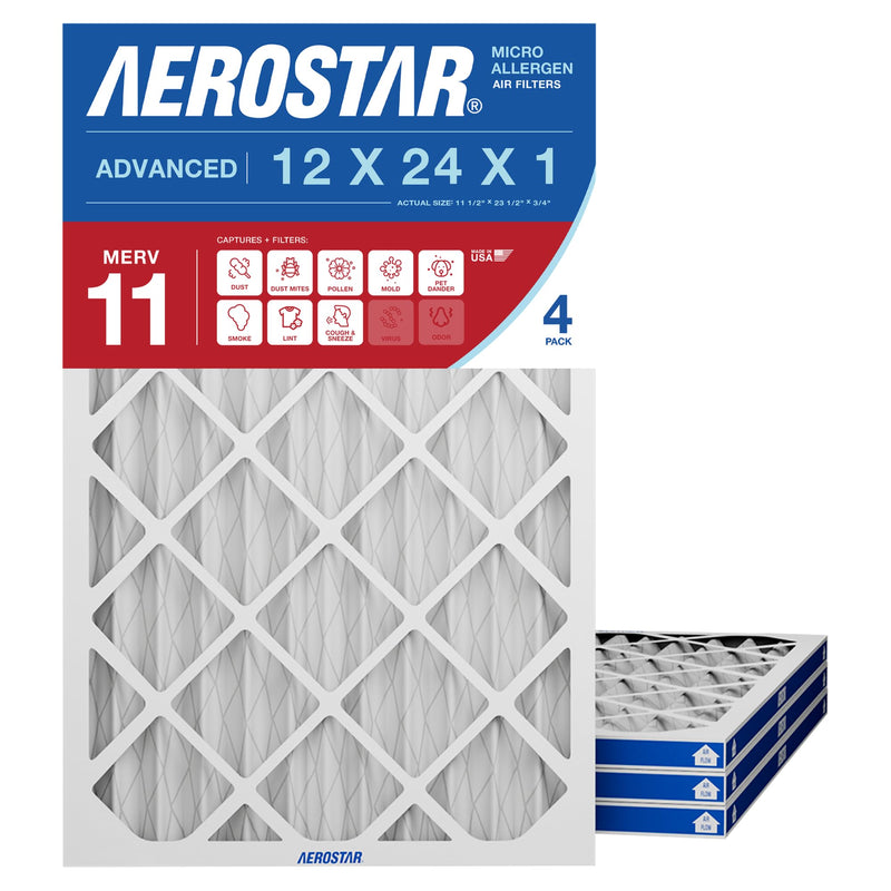 Aerostar 12x24x1 MERV 11 - 4 Count - Pleated HVAC, Furnace & Air Conditioner Filters - Removes Dust, Cold & Flu Germs, Lint, Mold, Pet Dander, Allergy-Causing Pollen, Smog & Smoke