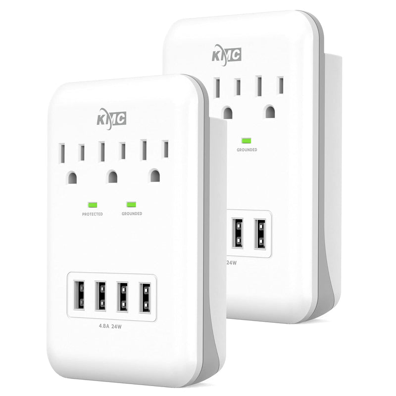 KMC 3-Outlet Wall Mount Surge Protector, 900 Joules, 4 USB 4.8 AMP USB Charging Ports, Phone Holder Cradle for Home, School or Office, ETL Certified (2 Pack) 2 PACK