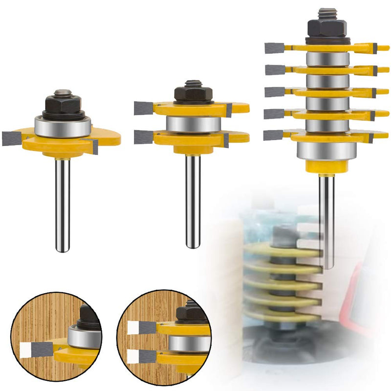 1/4 Inch Shank Router Bit Set & 5 Finger Joint 3Pcs, Tongue and Groove Wood Milling Cutter Drilling Carbide Tool For Door Table Cabinet Shelve(1/4-5 Finger) 3