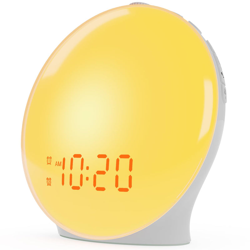 Wake Up Light Sunrise Alarm Clock for Kids, Heavy Sleepers, Bedroom, with Sunrise Simulation, Sleep Aid, Dual Alarms, FM Radio, Snooze, Nightlight, Daylight, 7 Colors, 7 Natural Sounds, Ideal for Gift White