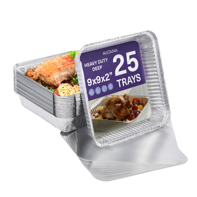 Matana 25 Pack 9x9 Aluminum Pans with Lids, Disposable Aluminum Trays - 9" Inch Square Foil Cake Baking Pans & Food Containers with Lids 9x9 with Lid (25 Pans)