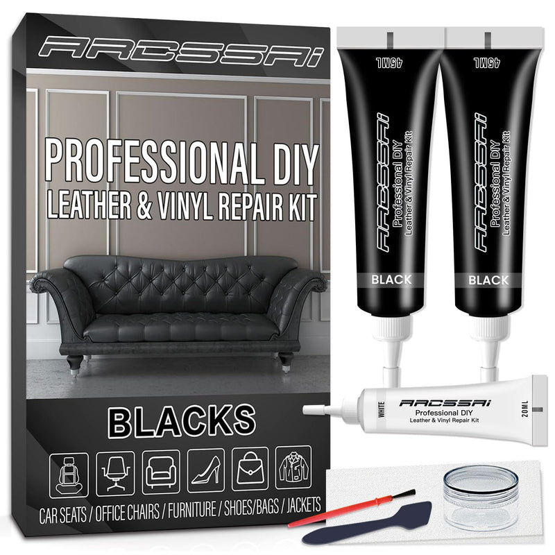ARCSSAI Black Leather Repair Kit for Furniture, Car Interior, Car Seats, Sofa, Jacket and Purse, Vinyl Repair Kit for Tears & Burn Holes, with Color Matching Guide & Super Easy Instructions