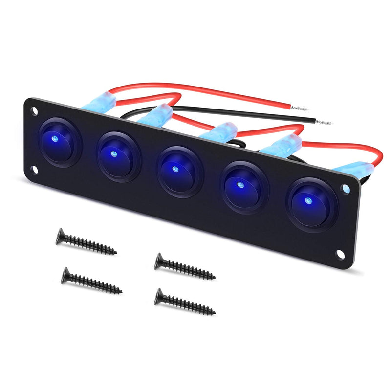 Nilight 5 Gang 3 Pin Rocker Switch Panel Waterproof On-Off Toggle Switches for Car Vehicle Trailer Truck SUV Marine Boat RV Ship 12V/24V 20A Blue