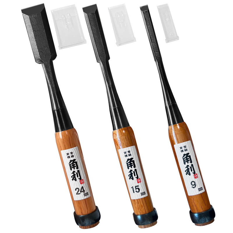 KAKURI Japanese Wood Chisel Set [Long Handle] 3 Piece for Woodworking, Made in JAPAN, Japanese Oire Nomi for Carve, Mortise, Dovetail, Sharp Japanese Carbon Steel, Red Oak Wood Handle Evergreen Oak