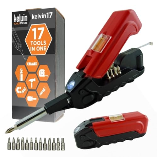 Kelvin Tools - Kelvin 17 Urban Screwdriver Set, All in One Everyday Multitool Screwdriver, Multi-Tip, Compact & Universal Precision, 13 Bit Set with Tape Measure, Liquid Level, Hammer and Flashlight Red