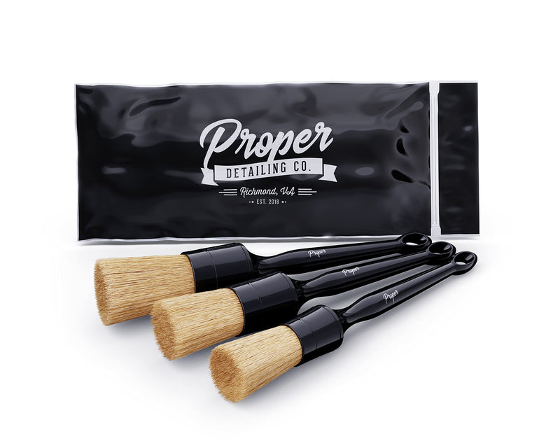 Professional Detailing Brush Set Ultra Soft Boars Hair Detailing Brushes 3 Pack, Detail Automotive Interior or Exterior, get Professional Results with Proper Detail Brushes Car Detailing Black