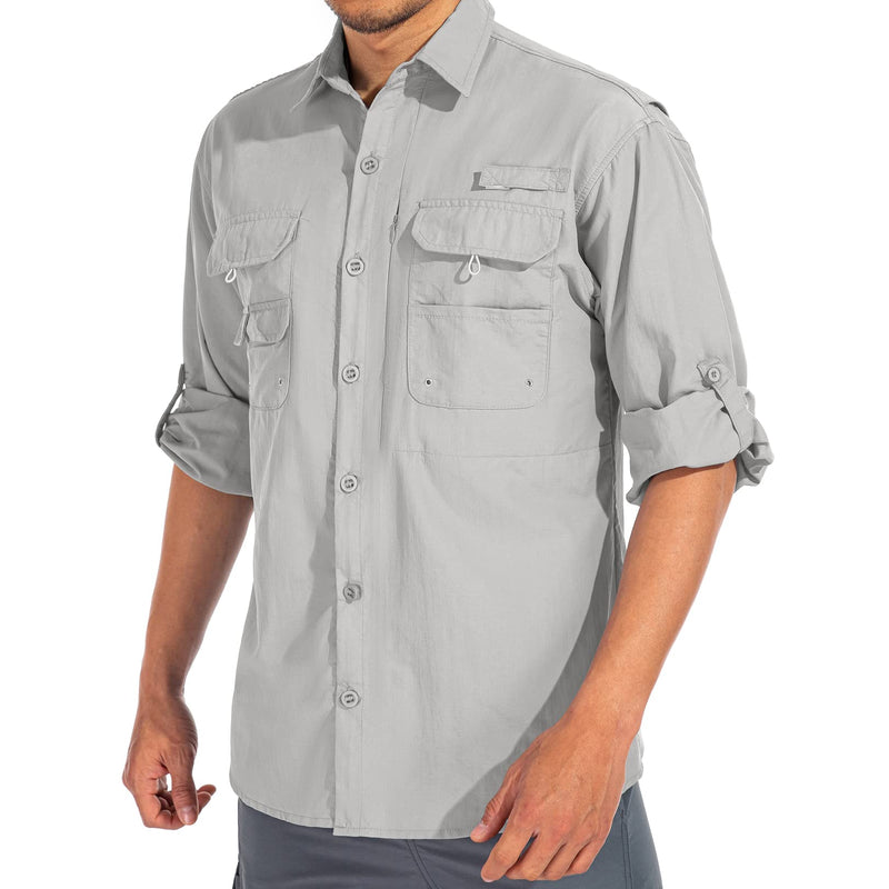 linlon Mens Safari Shirts Long Sleeve UV Protection Hiking Fishing UPF 50+ Quick Dry Cooling Camping Travel Shirts Medium Grey