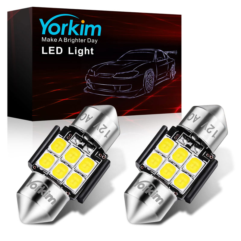Yorkim 28mm De3175 LED Bulb White Super Bright Festoon 28mm 29mm bulb Error Free CANBUS 6-SMD 2835 Chipsets For Interior Lights, DE3022 3175 3022 LED Bulb - Pack of 2