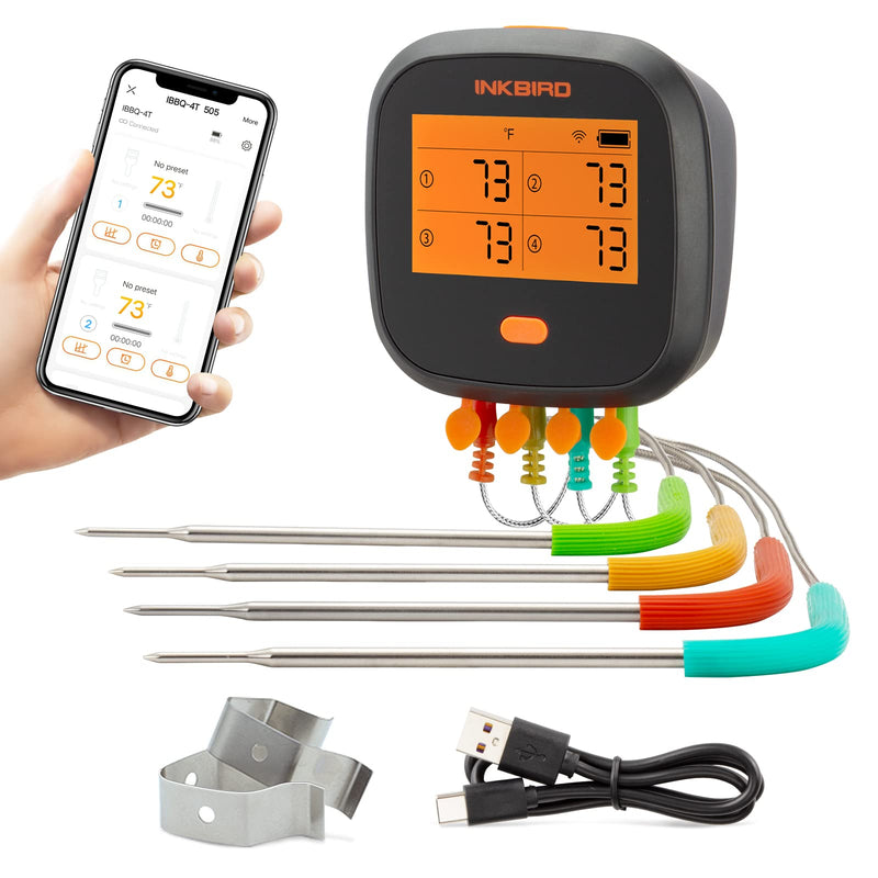 INKBIRD WiFi Meat Thermometer for Grilling, Unlimited Rang Rechargeable BBQ Thermometer APP Calibration, Temp Graph Mobile Notification, 4 Colorful Probes Food Thermometer for Pellet Smoker Oven
