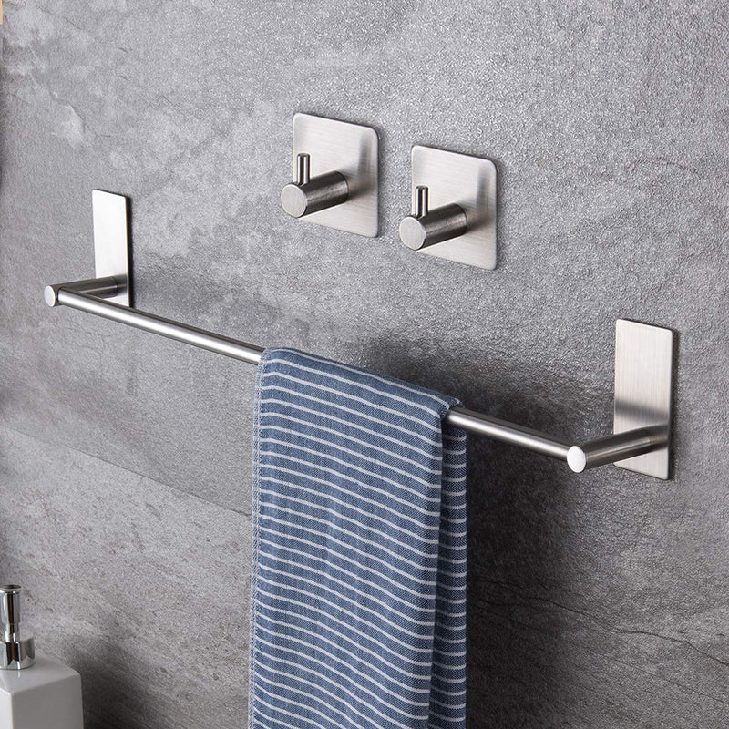 Taozun 16-Inch Towel Bar - Self Adhesive Bathroom Towel Holder with 2 Packs Towel Hooks, Stainless Steel Bathroom Hardware Accessory Kit, No Drilling Silver