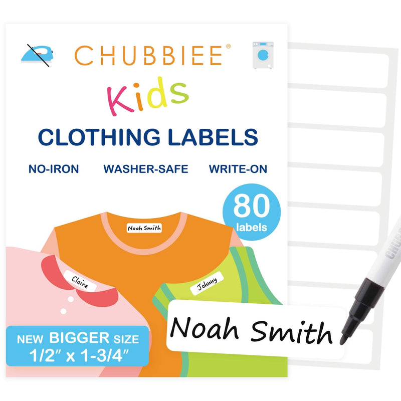 All Purpose No-Iron Kids Clothing Labels, Self-Stick Write-On Fabric Labels for Camp, School, Daycare, Nursing Care, Toys, Organizing, Washer & Dryer Safe, Pack of 80 New Bigger Size All-purpose White