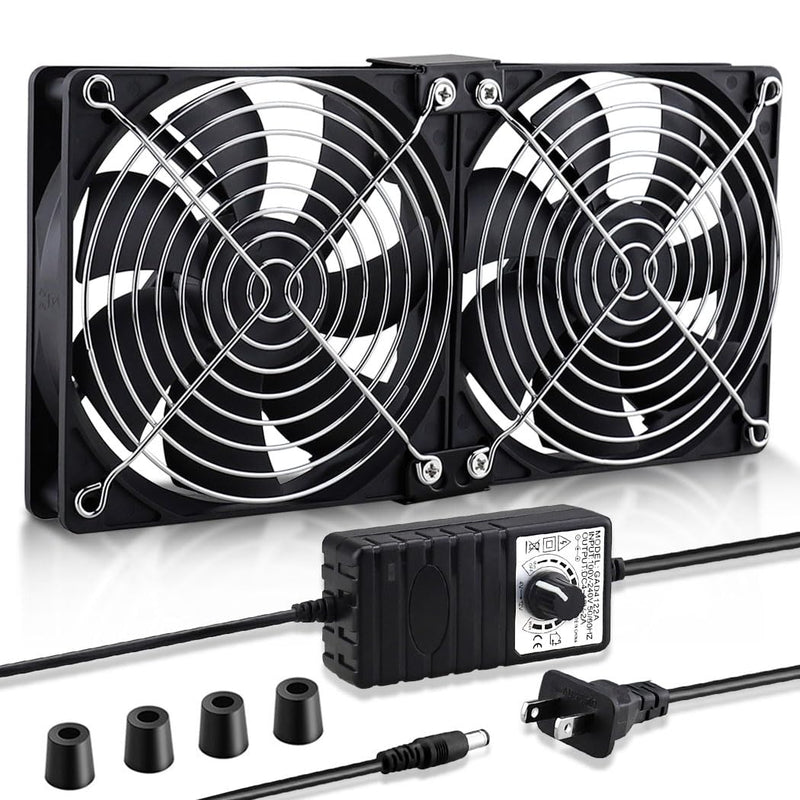 Wathai 2 x 120mm 240mm Computer Fan with AC Plug Cabinet Fan 110V 240V | Dual Ball Big Airflow 12V Cooling Fan with Variable Speed Control for External PC Case Cooling computer cabinet vent 2x120mm fan