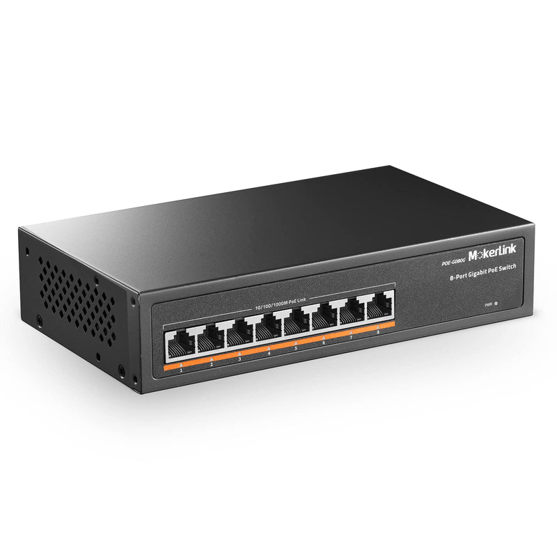 MokerLink 8 Port Gigabit PoE Switch, 8 PoE+ Ports 1000Mbps, 802.3af/at 120W, Metal Fanless Unmanaged Plug and Play 8 Gigabit PoE