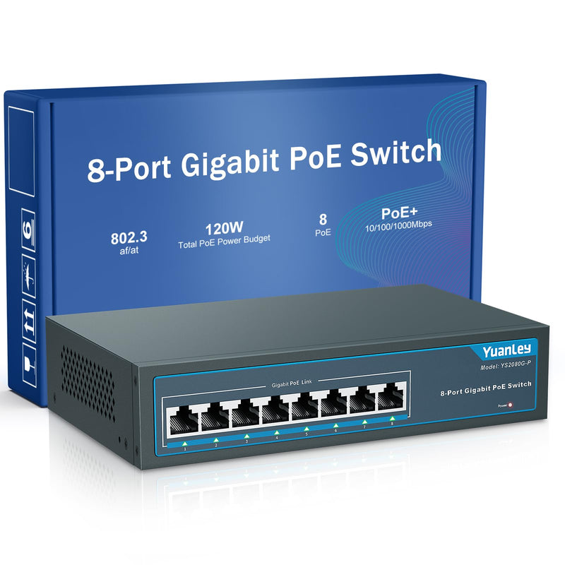 YuanLey 8 Port Gigabit PoE Switch, 8 PoE+ Ports 1000Mbps, 120W 802.3af/at, Metal Fanless Unmanaged Plug and Play 8 Port | 8*PoE+ (1000Mbps)(120w)