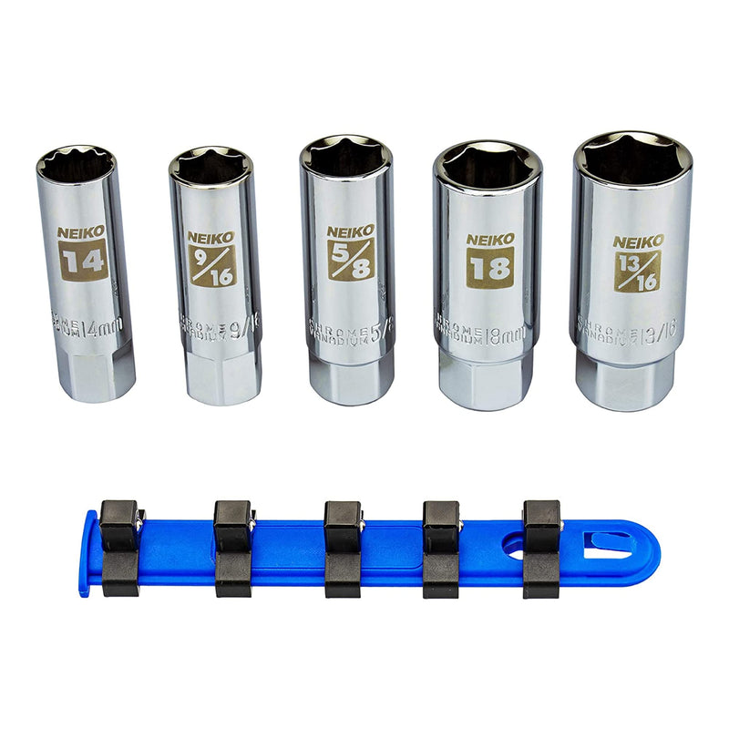 Neiko 02500A 3/8" Drive Spark Plug Socket Set, 5 Piece, SAE And Metric, Rubber Retaining Inserts, Cr-V Steel, 14mm, 18mm, 9/16, 13/16, 5/8 Spark Plug Socket, Deep Well Socket Set, Spark Plug Tool 5 Piece, Spark Plug